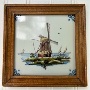 Vintage Tile Framed Wood Windmill Ceramic Art Dutch Holland Makkum 6.5x6.5